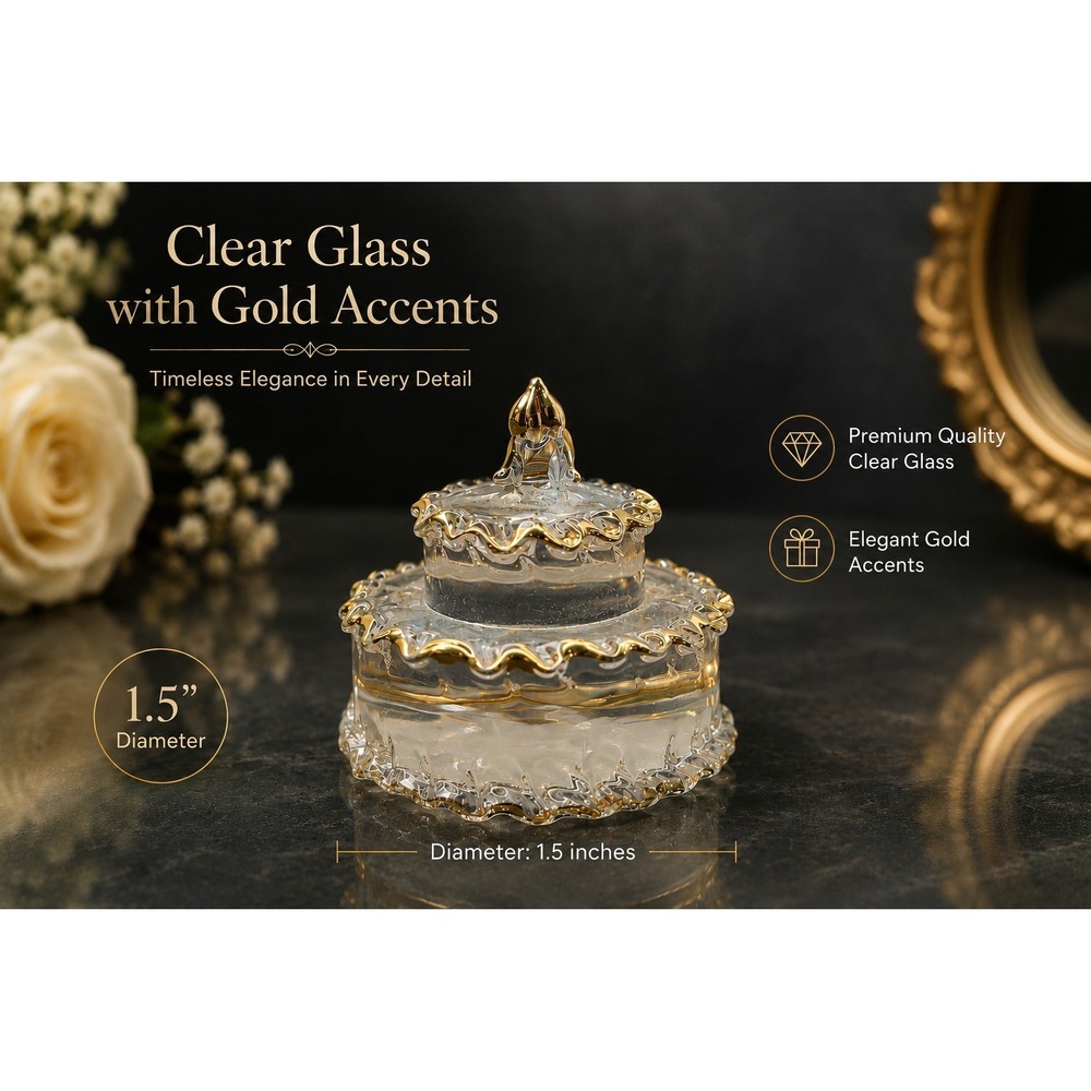 Miniature Clear Glass Tiered Cake Figurine with Gold Accents 1.5 Inch Diameter